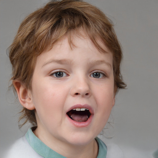 Joyful white child female with medium  brown hair and blue eyes