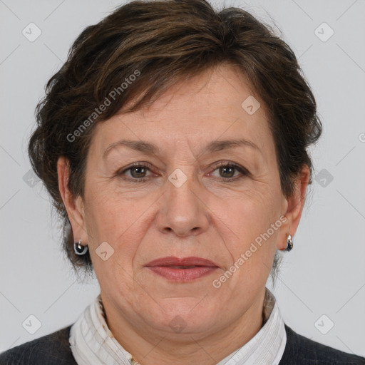 Joyful white adult female with short  brown hair and brown eyes