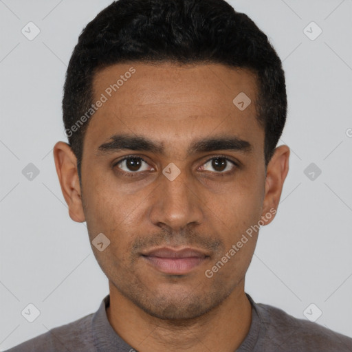 Neutral latino young-adult male with short  black hair and brown eyes