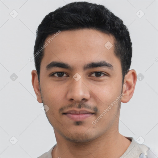 Neutral asian young-adult male with short  black hair and brown eyes