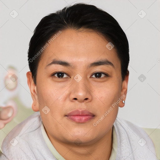 Joyful asian young-adult female with short  brown hair and brown eyes