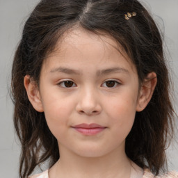 Joyful white child female with medium  brown hair and brown eyes