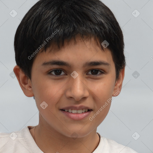 Joyful white child male with short  brown hair and brown eyes