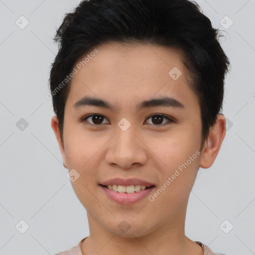 Joyful asian young-adult female with short  brown hair and brown eyes