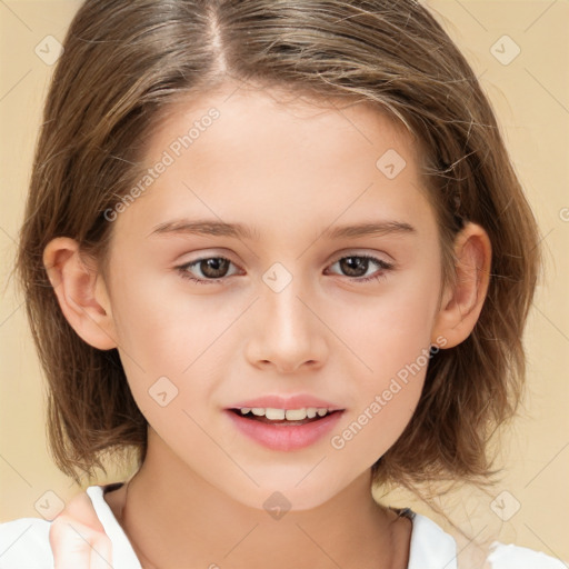 Joyful white child female with medium  brown hair and brown eyes