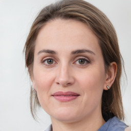 Joyful white adult female with medium  brown hair and grey eyes