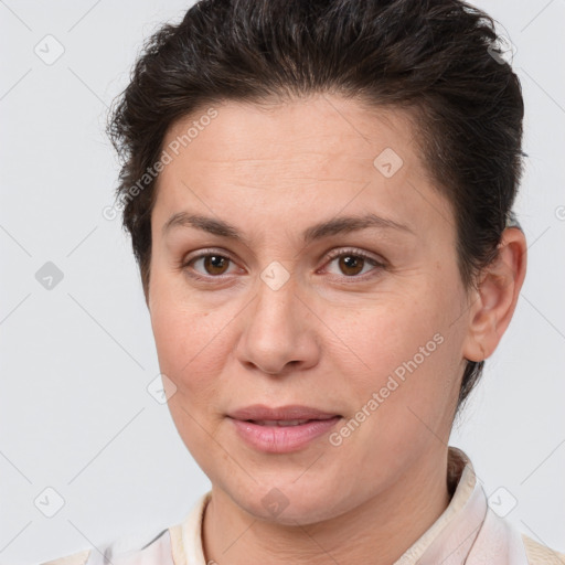 Joyful white adult female with short  brown hair and brown eyes