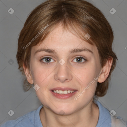 Joyful white young-adult female with medium  brown hair and blue eyes