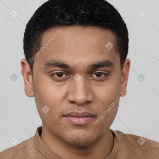 Joyful white young-adult male with short  black hair and brown eyes
