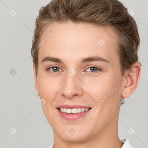 Joyful white young-adult female with short  brown hair and brown eyes