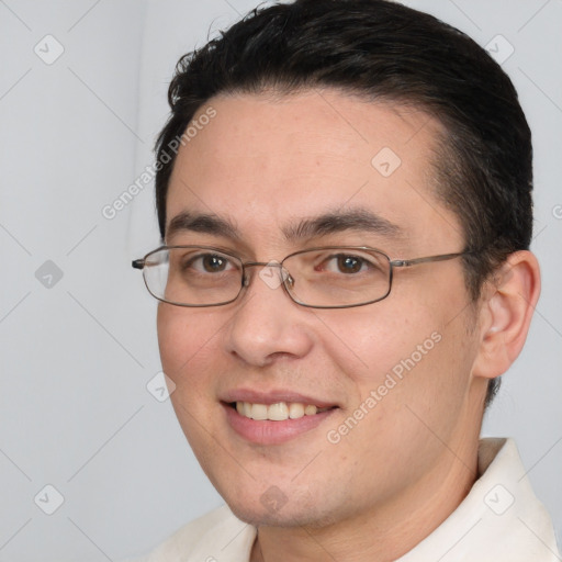 Joyful white young-adult male with short  brown hair and brown eyes