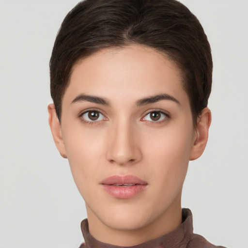 Neutral white young-adult female with short  brown hair and brown eyes