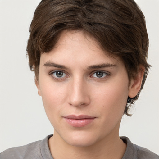 Neutral white young-adult female with short  brown hair and grey eyes