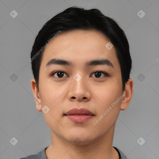 Neutral asian young-adult male with short  black hair and brown eyes