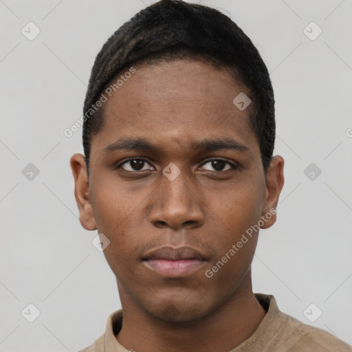 Neutral black young-adult male with short  black hair and brown eyes