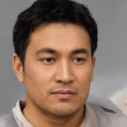 Neutral asian young-adult male with short  brown hair and brown eyes