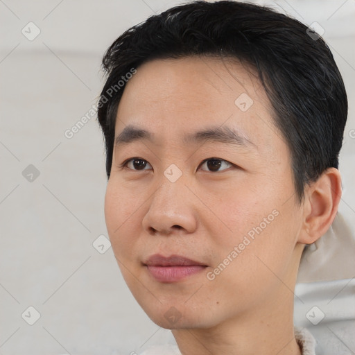 Neutral asian young-adult male with short  black hair and brown eyes