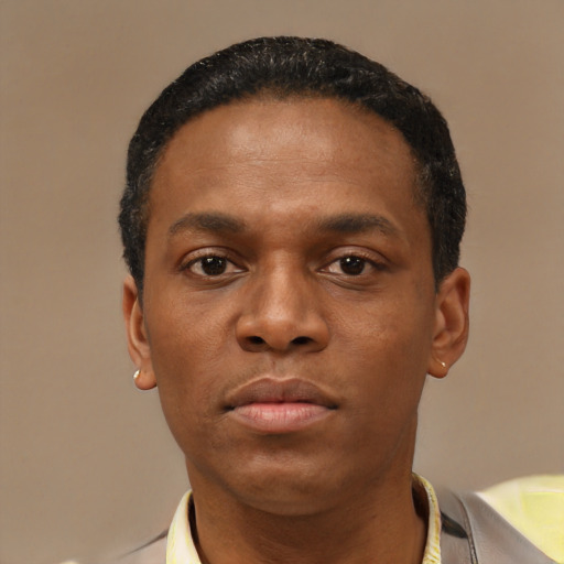 Neutral black young-adult male with short  black hair and brown eyes