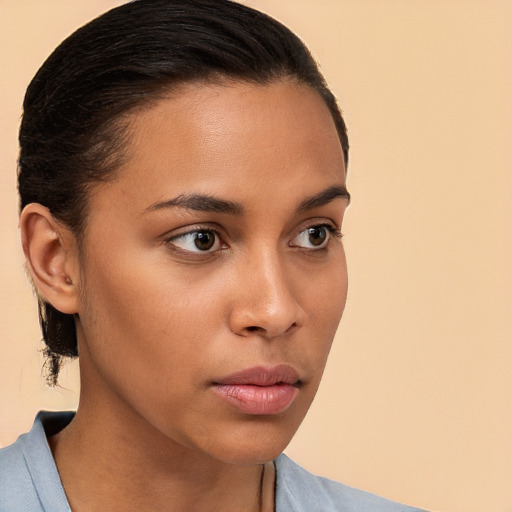 Neutral white young-adult female with short  brown hair and brown eyes