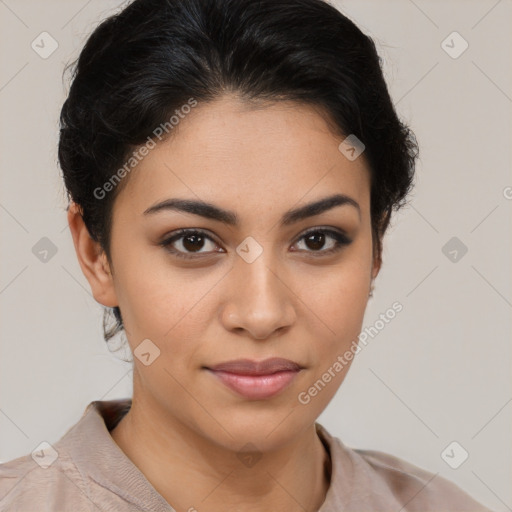 Joyful latino young-adult female with medium  brown hair and brown eyes