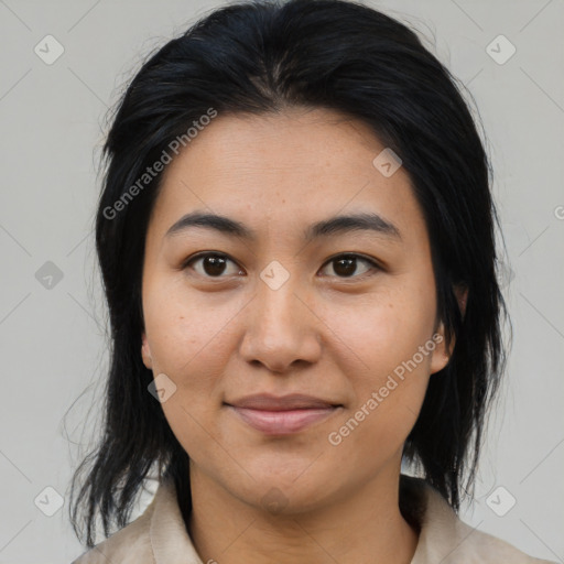 Joyful asian young-adult female with medium  brown hair and brown eyes