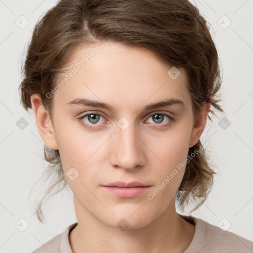 Neutral white young-adult female with medium  brown hair and grey eyes