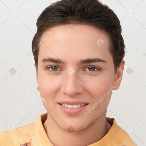 Joyful white young-adult female with short  brown hair and brown eyes