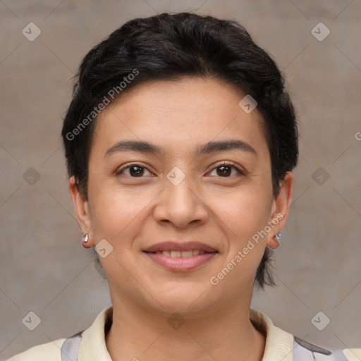 Joyful white young-adult female with short  brown hair and brown eyes