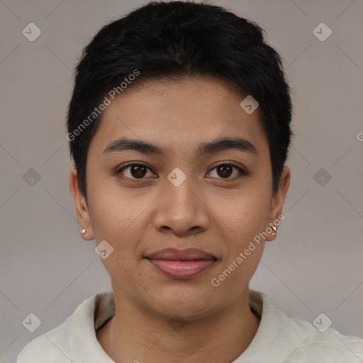 Joyful latino young-adult female with short  black hair and brown eyes