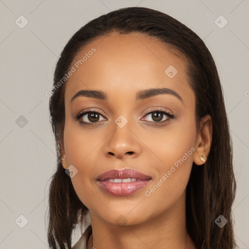 Joyful white young-adult female with long  brown hair and brown eyes