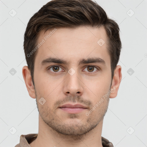 Neutral white young-adult male with short  brown hair and brown eyes