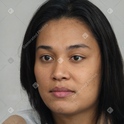 Joyful asian young-adult female with long  brown hair and brown eyes