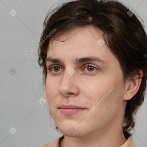 Neutral white young-adult female with medium  brown hair and brown eyes