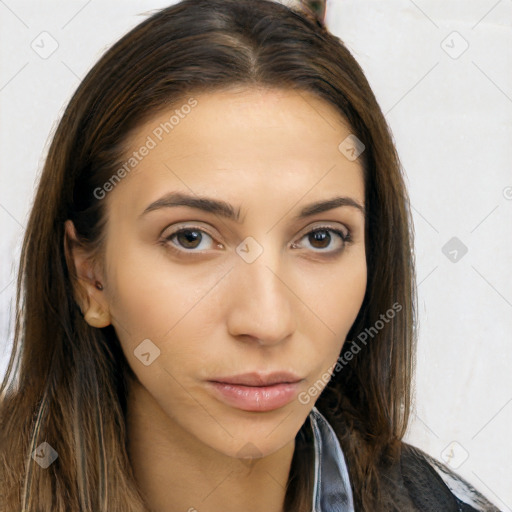 Neutral white young-adult female with long  brown hair and brown eyes