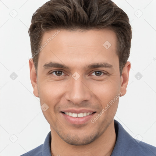 Joyful white young-adult male with short  brown hair and brown eyes