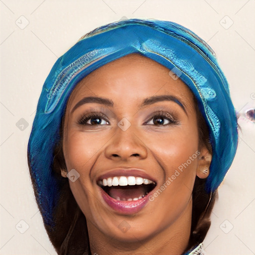 Joyful white young-adult female with long  black hair and brown eyes