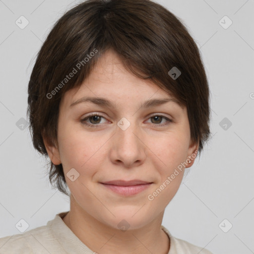 Joyful white young-adult female with medium  brown hair and brown eyes