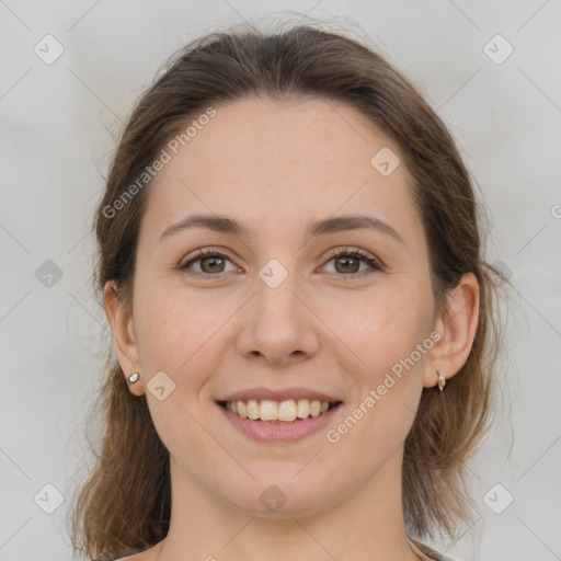 Joyful white young-adult female with medium  brown hair and grey eyes