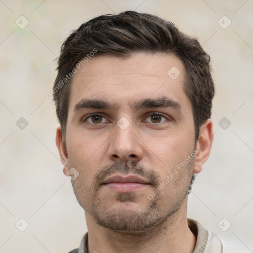 Neutral white young-adult male with short  brown hair and brown eyes