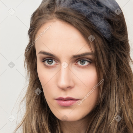 Neutral white young-adult female with long  brown hair and brown eyes