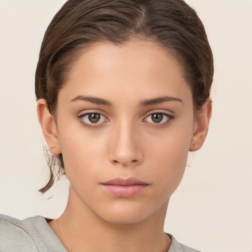 Neutral white young-adult female with medium  brown hair and brown eyes