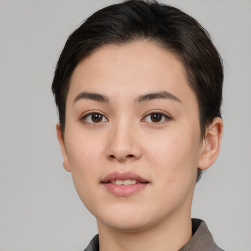 Neutral white young-adult female with short  brown hair and brown eyes
