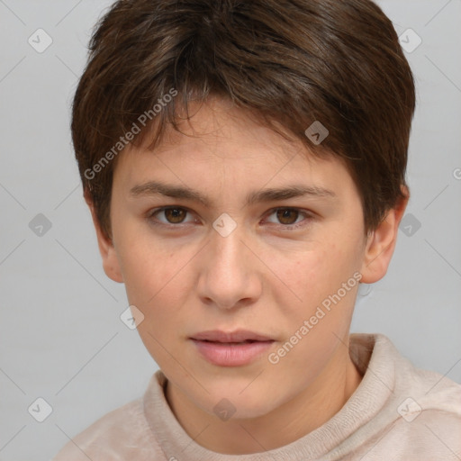 Neutral white young-adult female with short  brown hair and brown eyes