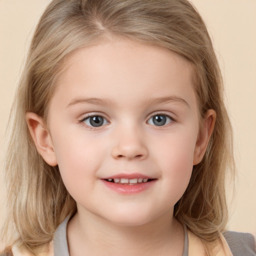 Joyful white child female with medium  brown hair and grey eyes