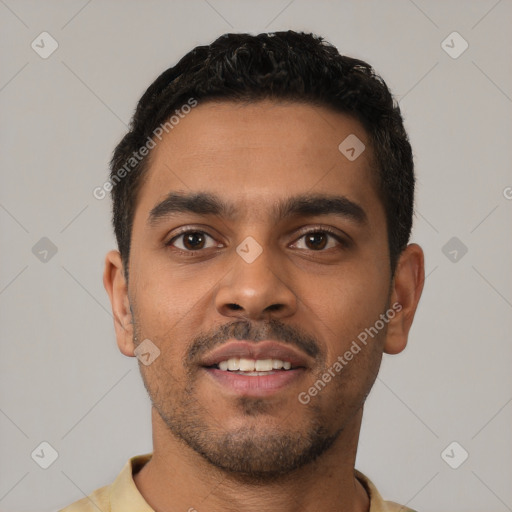 Neutral latino young-adult male with short  brown hair and brown eyes