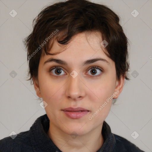 Neutral white young-adult female with medium  brown hair and brown eyes