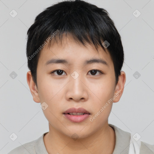 Neutral asian young-adult male with short  black hair and brown eyes