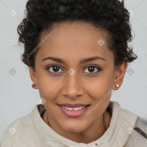 Joyful latino young-adult female with short  brown hair and brown eyes