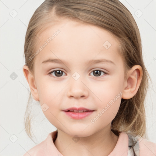 Joyful white child female with medium  brown hair and brown eyes