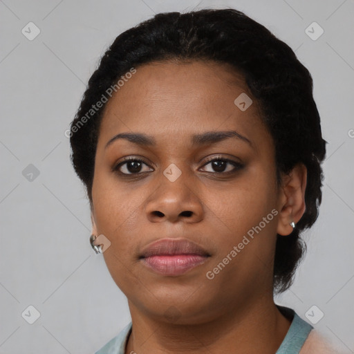 Neutral black young-adult female with short  black hair and brown eyes